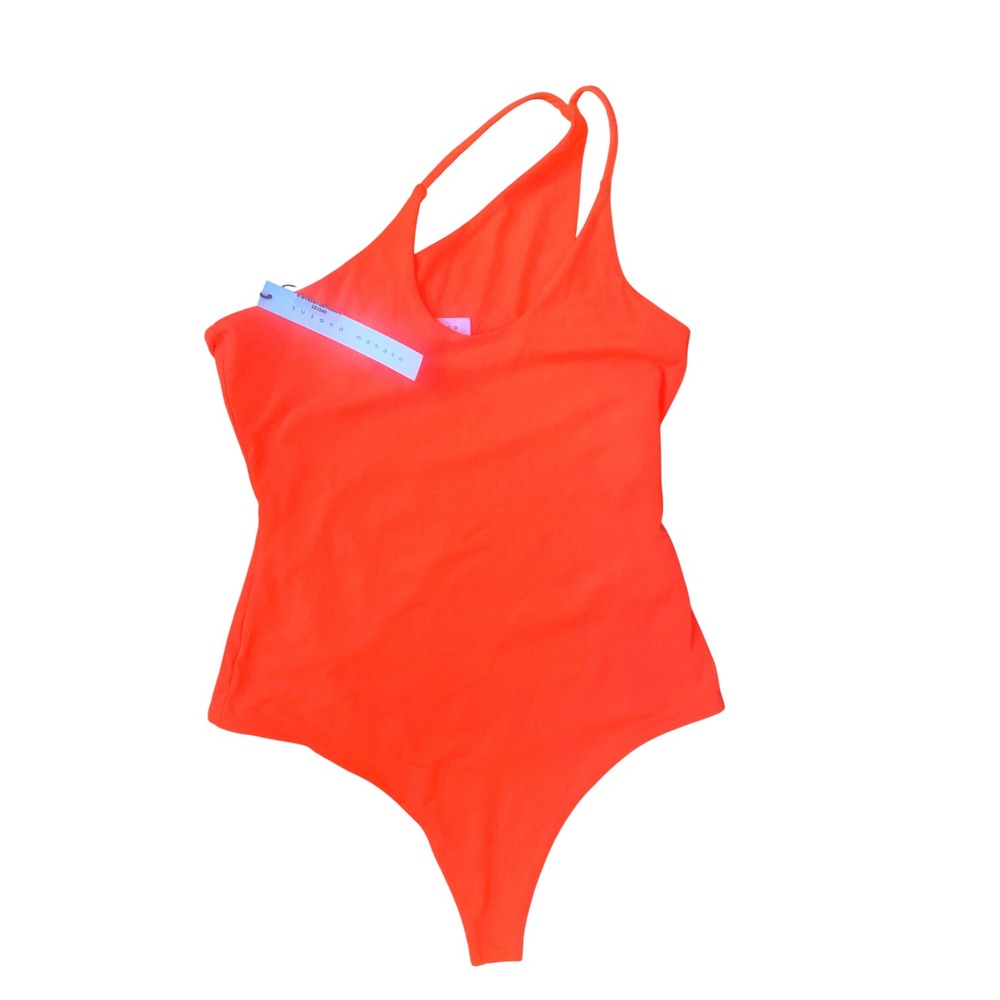 NWT Susana Monaco One Shoulder Bodysuit Neon Orange Double Strap Thong Sz XS